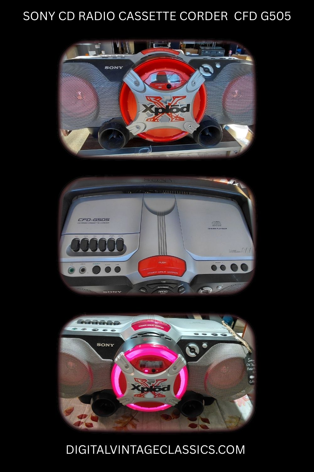 Sony CFD-G505 Xplod CD radio cassette boombox showing front panel, controls, and lighting — serviced by Digital Vintage Classics