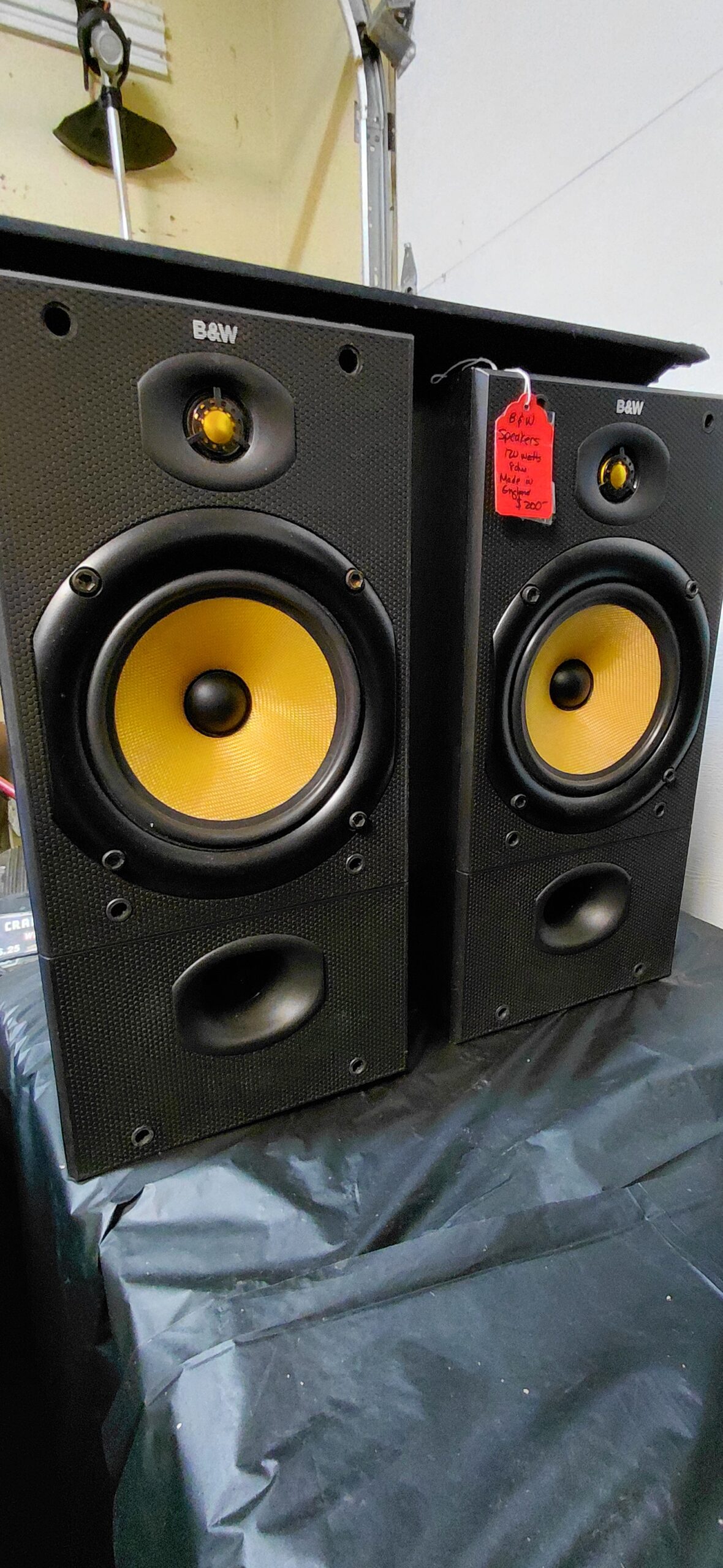 B&W DM602 bookshelf speakers with yellow Kevlar woofers — 120-watt pair