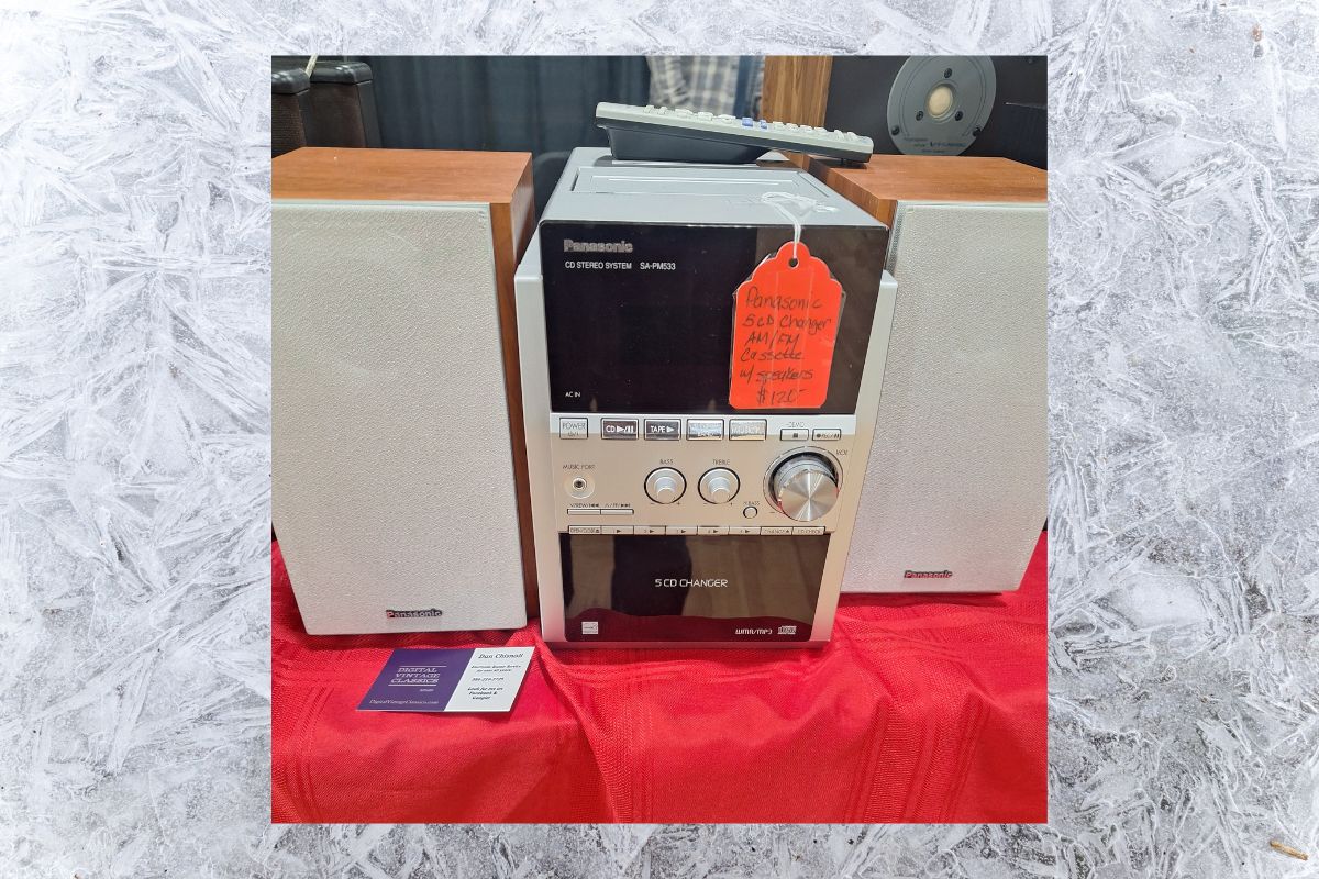 Panasonic SA-PM53 compact bookshelf stereo system with speakers, AM/FM radio, tape deck, and 5-CD changer, available from Digital Vintage Classics.