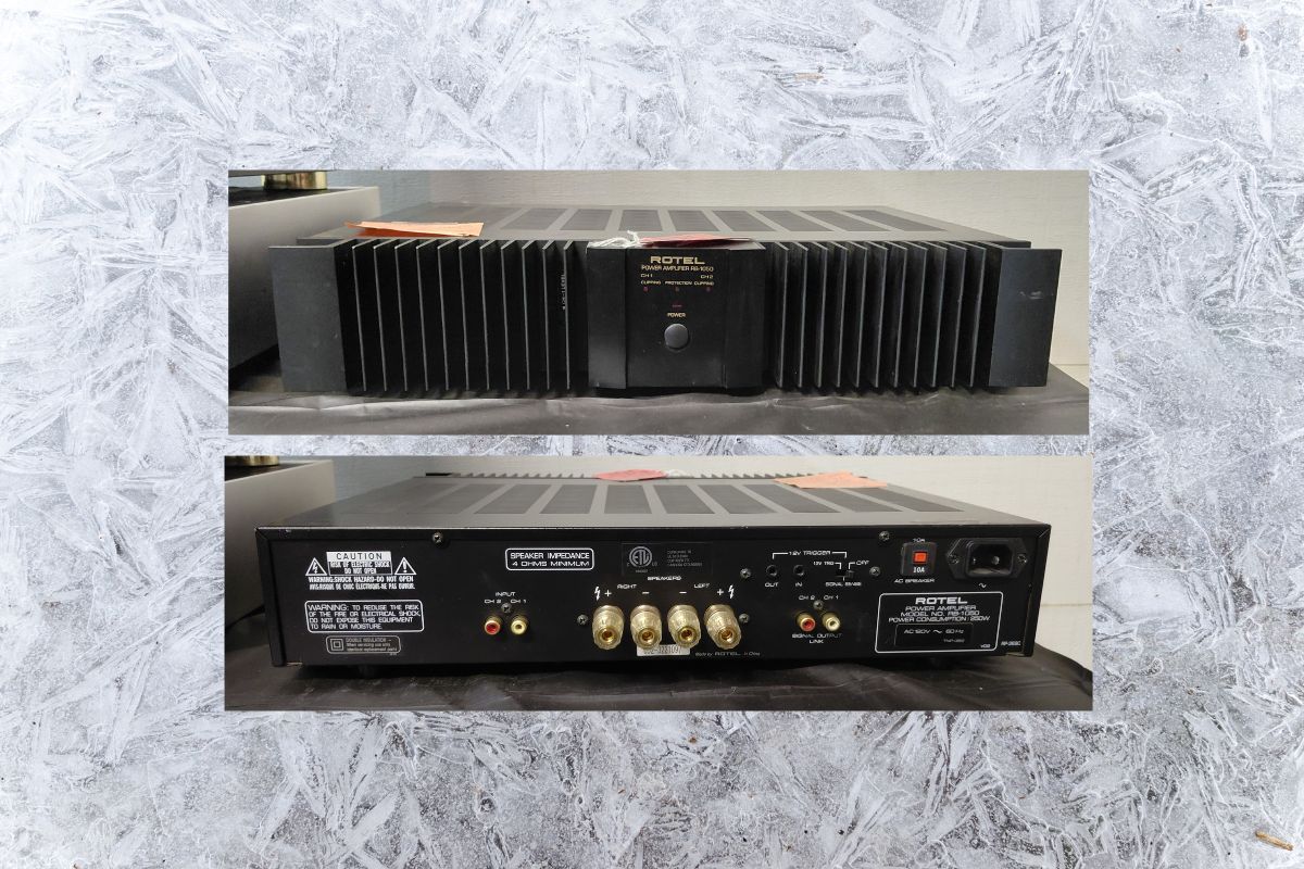 Rotel RB-1050 power amplifier front and back views — classic stereo power amp available from Digital Vintage Classics