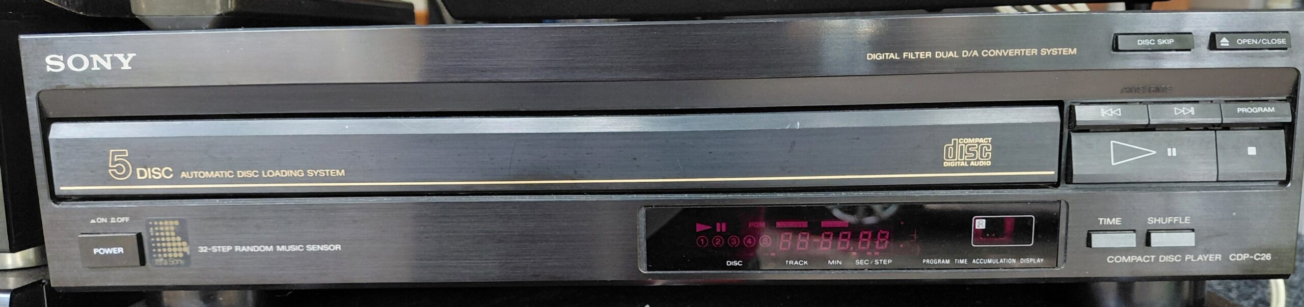 Sony CDP-C26 CD changer front view with disc tray and controls visible